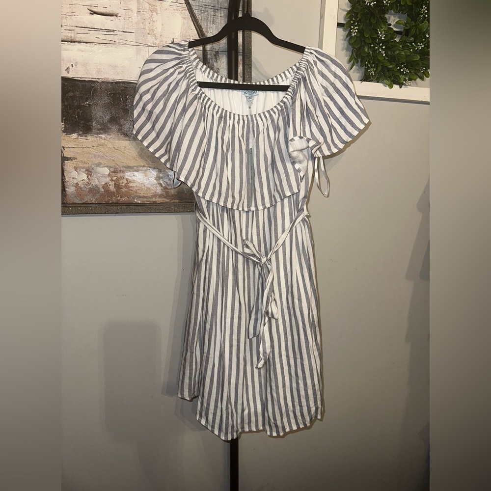 She + Sky Size Medium Women’s Striped Ruffle‎ Off Shoulder Dress with Belt Tie